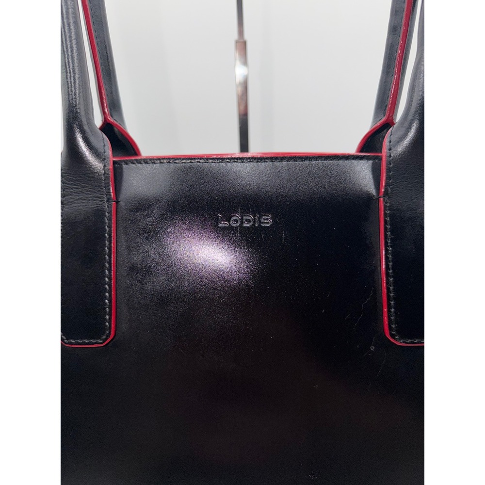 Lodis Black Leather Tote Bag Red Trim Laptop Work Shoulder Bag Structured - Picture 3 of 12